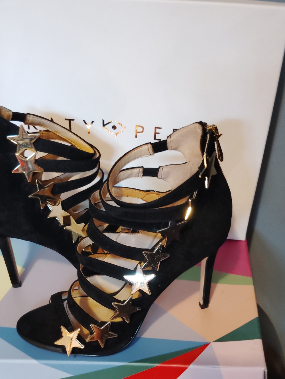 Katy Perry Black Star-Accent Strappy High Heel Sandals 7.5